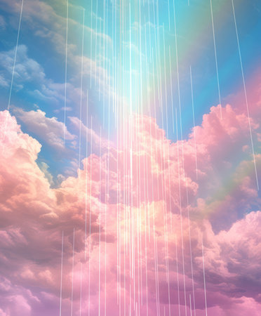 Vibrant pastel clouds with radiant light streaks streaming through the sky. Generative AIの素材