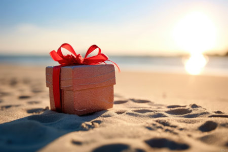 Red gift box with a satin ribbon on a sandy beach during a beautiful sunset. Generative AIの素材