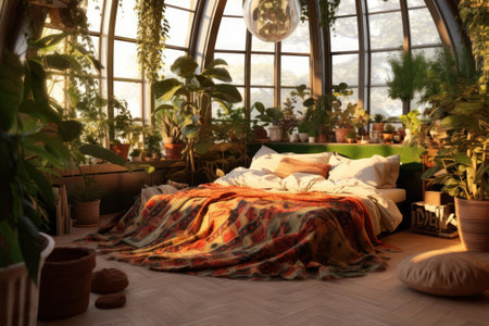 Cozy bohemian style bedroom filled with an abundance of green plants and soft natural light. Generative AIの素材