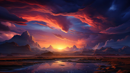breathtaking landscape with a dramatic sunset over alien-looking desert terrain and distant mountains. Generative AIの素材