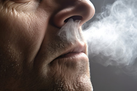 Close-Up of Man Exhaling a Cloud of Smoke. Generative AIの素材