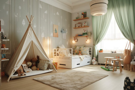 Playful and creative children's room featuring a teepee tent, stuffed animals and whimsical wall decorations. Generative AIの素材