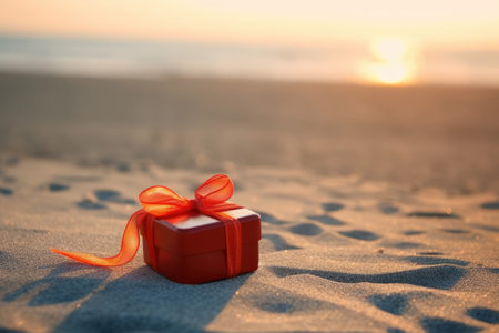 Red gift box with a satin ribbon on a sandy beach during a beautiful sunset. Generative AIの素材