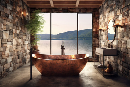 Rustic bathroom interior with a large freestanding copper bathtub and a scenic view. Generative AIの素材