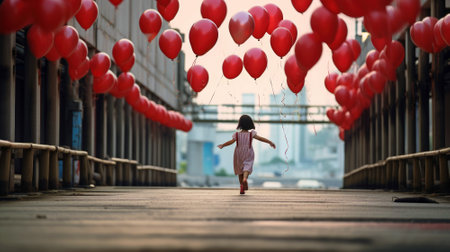 Back view of a young girl joyfully running with red balloons on an urban bridge. Generative AIの素材