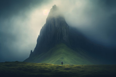 solitary man stands before an imposing mountain peak. Generative AIの素材