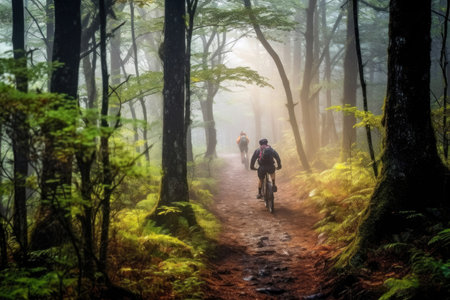 Group of mountain bikers riding through a misty forest trail. Generative AIの素材