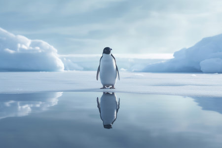 Lone penguin stands on an iceberg. Its reflection mirrored in the calm Antarctic waters. Generative AIの素材