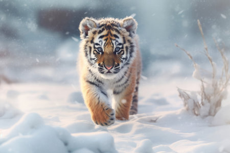 Tiger cub prowls through a snowy landscape. Generative AIの素材