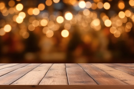 Empty wooden tabletop with a blurred background of warm festive lights. Generative AIの素材