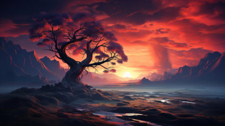 solitary tree set against the dramatic backdrop of a crimson sunset over a rugged landscape. Generative AIの素材