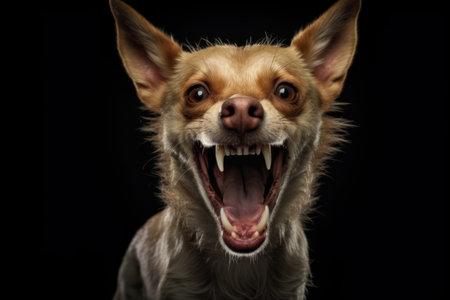 small Chihuahua dog with ears perked up showing its teeth aggressively against a black background. Generative AIの素材
