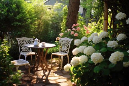quaint garden setting with a white table and chairs surrounded by lush flowers and greenery. Generative AIの素材