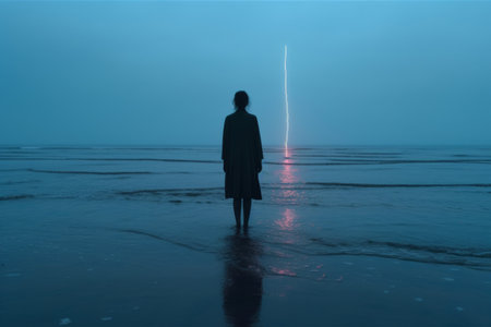 solitary woman stands facing a vertical light streak across the ocean at twilight. Generative AIの素材