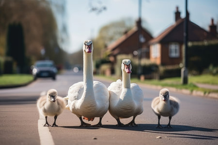 family of swans with cygnets crossing the road at a pedestrian crossing in a quiet suburb. Generative AIの素材