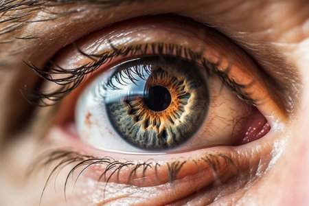 Macro photography of a detailed human eye with intricate iris patterns. Generative AIの素材