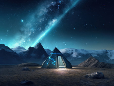 tent glowing under a starry night sky in a remote mountain landscape. Generative AIの素材