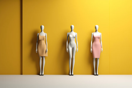 Three minimalist style mannequins displaying modern dresses against a vibrant yellow background. Generative AIの素材