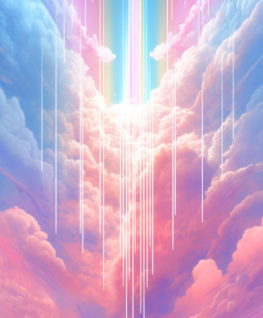 Vibrant pastel clouds with radiant light streaks streaming through the sky. Generative AIの素材