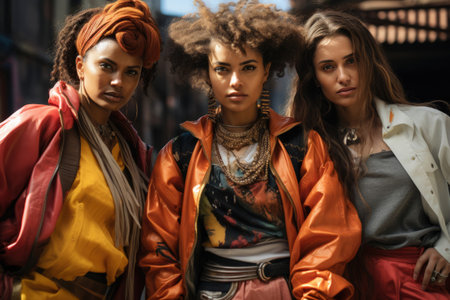 Three dynamic women in vibrant ethnic streetwear blending traditional and modern styles. Generative AIの素材
