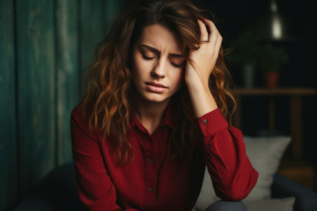 distressed young woman experiencing a painful migraine in a dark room. Generative AIの素材