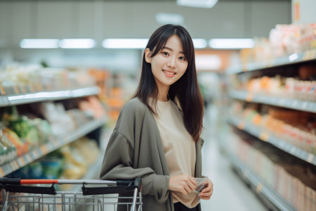 Young Asian woman with a shopping cart browsing the grocery section in a supermarket. Generative AIの素材