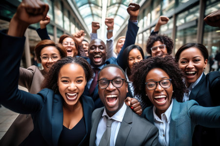 a vibrant group of ecstatic business professionals celebrates their success in an outdoor setting. Generative AIの素材