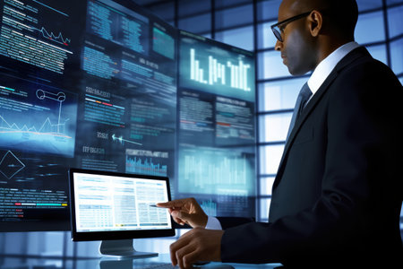 professional financial analyst intently examines complex financial data across multiple computer screens. Generative AIの素材