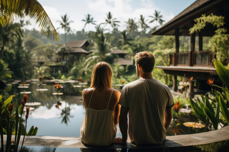 couple gazes at the serene waters of a lily pond in a lush Balinese resort setting. Generative AIの素材