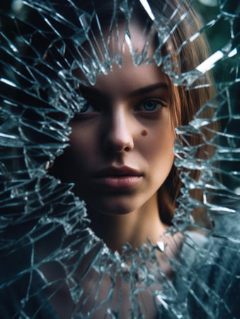 woman intense gaze through a web of broken glass. Generative AIの素材