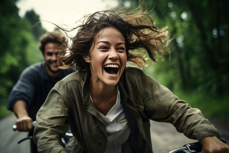 exuberant woman leading on a bicycle ride through a countryside path with a smiling man following behind. Generative AIの素材