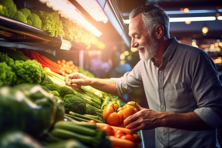 older man carefully selects the freshest vegetables from a grocery store's produce section. Generative AIの素材