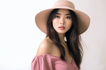 High-key portrait of a beautiful Asian woman wearing a pink off-shoulder dress and wide-brimmed hat. Generative AIの素材