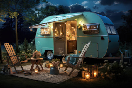 Vintage camper with string lights surrounded by chairs and flowers at dusk. Generative AIの素材