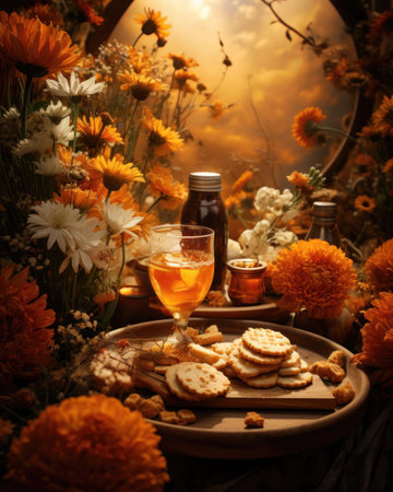 Herbal tea and cookies on a wooden tray amidst vibrant orange flowers at sunset. Generative AIの素材