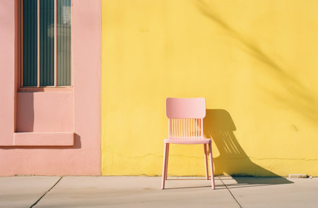 simple pink chair casting a shadow against a minimalist yellow urban wall. Generative AIの素材