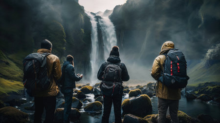 Group of hikers with backpacks stands in awe before a majestic waterfall. Generative AIの素材