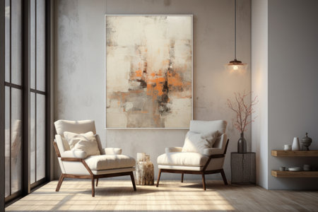 Elegant modern living room featuring abstract wall art and stylish furniture. Generative AIの素材
