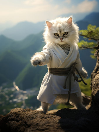 fluffy white cat in martial arts attire stands ready on a mountain path with a serene background. Generative AIの素材