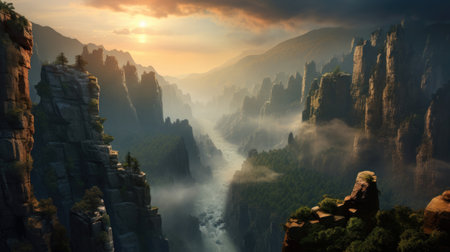 Serene foggy canyon with a river flowing through it surrounded by lush greenery and towering cliffs. Generative AIの素材