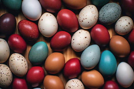 Vibrant collection of painted eggs in a variety of colors and speckled patterns. Generative AIの素材