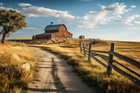 Traditional red barn in a tranquil grass field with clear sky. Generative AIの素材