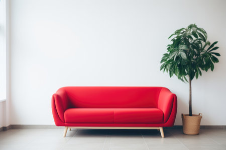 Minimalist interior design featuring red sofa and potted plants against white wall. Generative AIの素材
