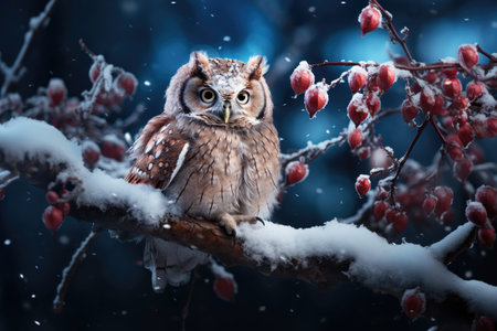 Owl perched on a snowy branch in winter forest. Generative AIの素材