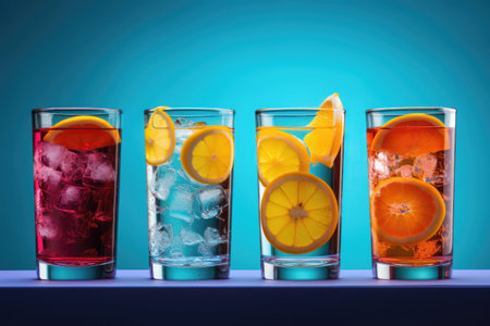 tall glasses of various juices with ice and fruit slices on a vibrant blue backdrop. Generative AIの素材
