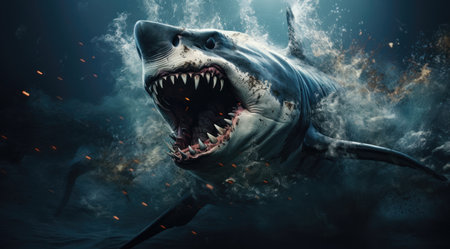 shark massive with mouth wide open in the mysterious deep sea. Generative AIの素材