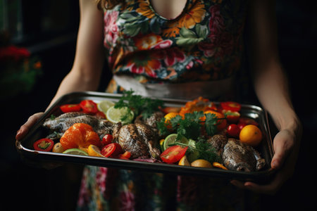 Woman in floral dress holding tray with fresh seafood and vegetables. Generative AIの素材