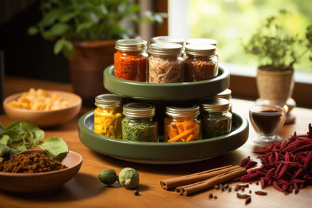 Assorted spices and herbs in glass jars organized on wooden table. Generative AIの素材