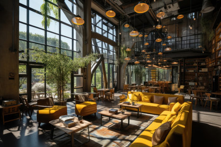 Large cafe with industrial design elements and vibrant yellow sofas under high ceiling.. Generative AIの素材