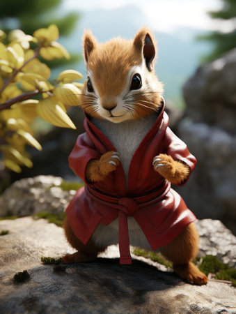 Red squirrel stands poised in martial arts stance wearing red gi. Spirit of oriental martial arts. Generative AIの素材